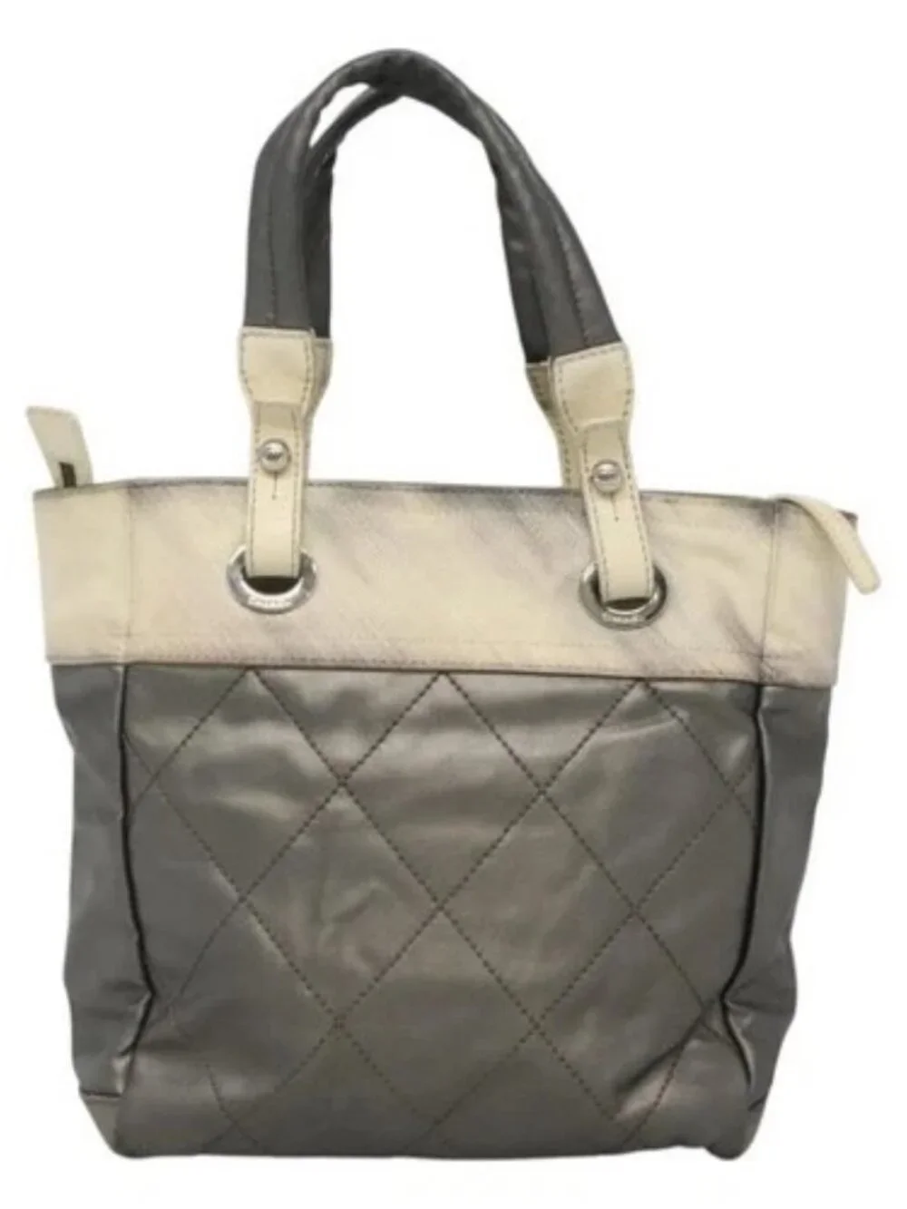 CHANEL Paris Biarritz PM Tote Bag Coated Canvas Silver CC Auth bs23887